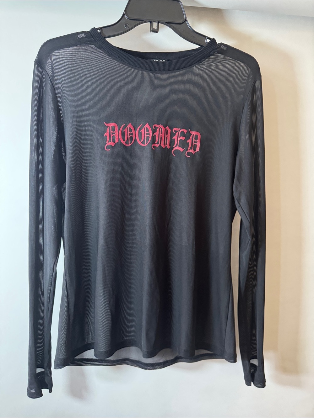Black Sheer Long Sleeve Top with Red 'DOOMED' Gothic Graphic